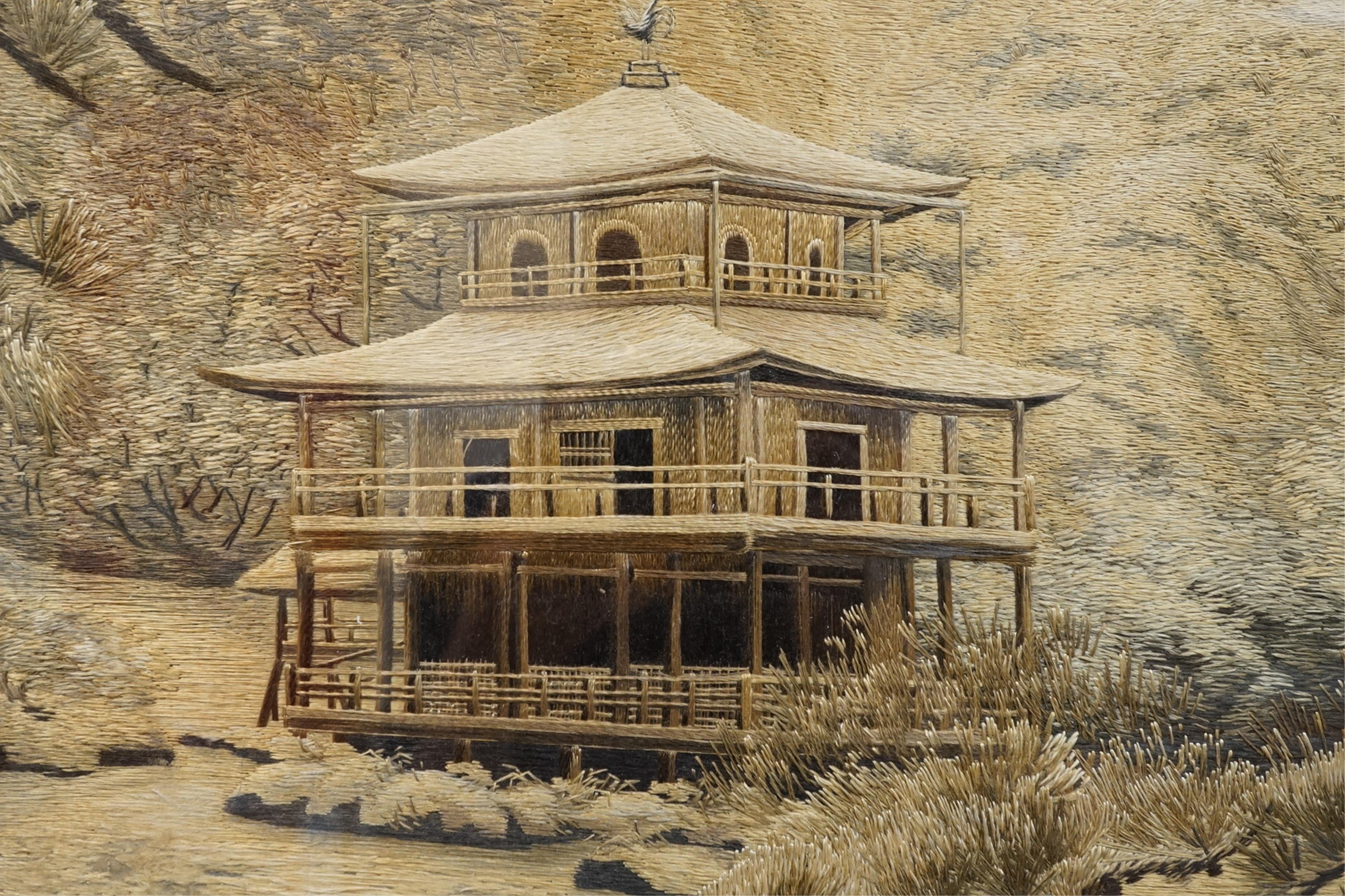 A Japanese embroidered silk picture of Kinkaku-ji, 'Temple of the Golden Pavilion' in Kyoto, Meiji period (1868-1912)